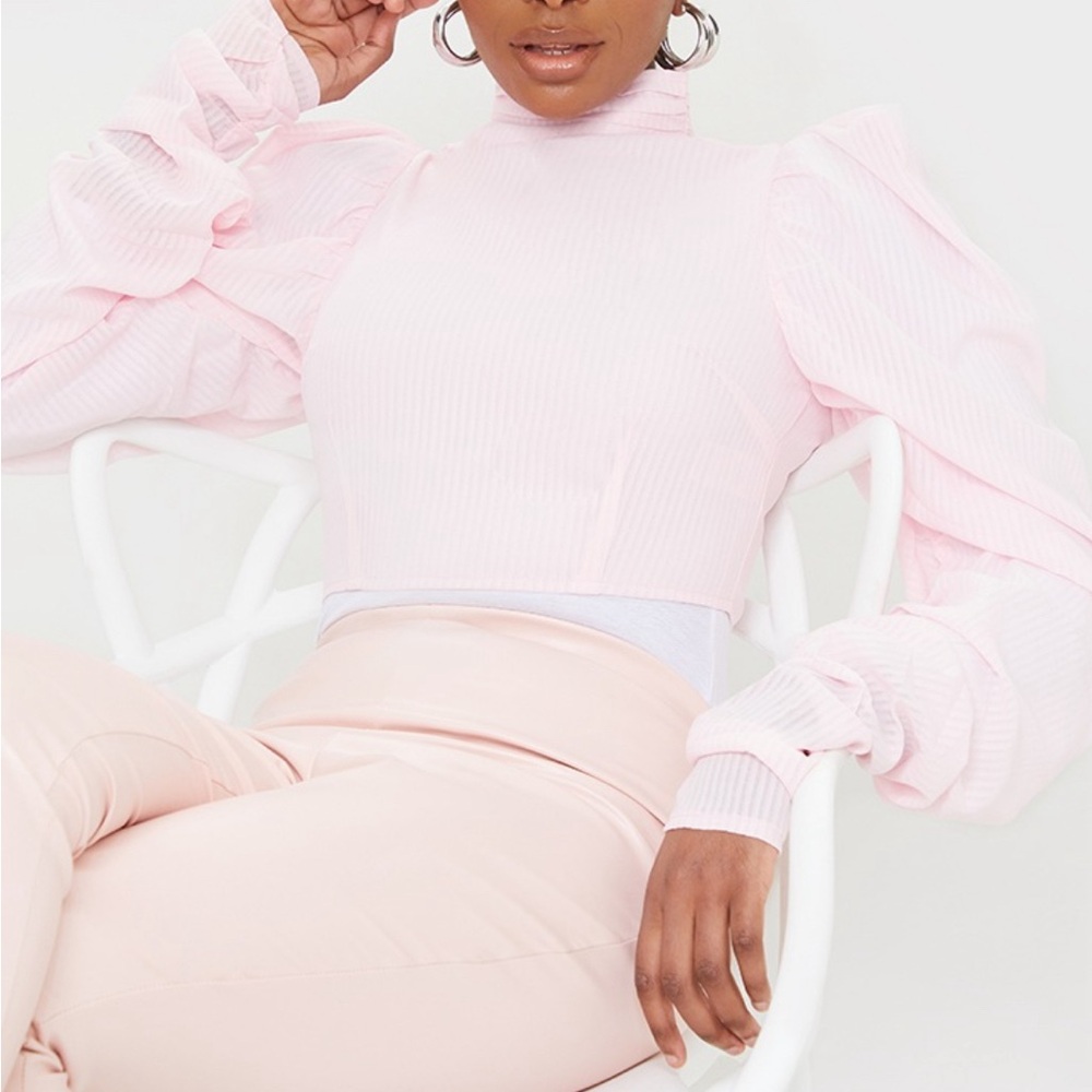Satin High Neck Ruched Sleeve Blouse